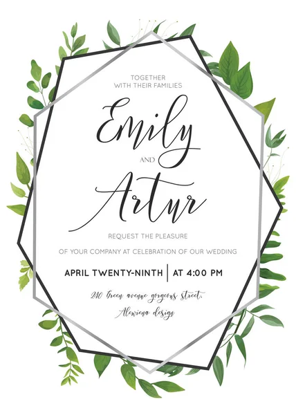 Wedding floral watercolor style botanical invite, invitation save the date card design with forest greenery herbs, vine leaves, ferns and luxury silver, gray geometrical frame. Elegant editable vector — Stock Vector