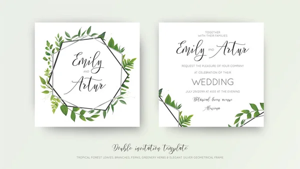 Wedding floral watercolor style double invite, invitation, save the date card design with forest greenery herbs, vine leaves, ferns and luxury silver, gray geometrical frame. Vector botanical template — Stock Vector