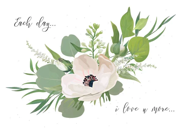 Vector Floral card design with elegant bouquet of pink anemone flowers, cute white lilac buds, astilbe, forest greenery, delicate herbs, leaves, eucalyptus branches. All elements editable and isolated — Stock Vector