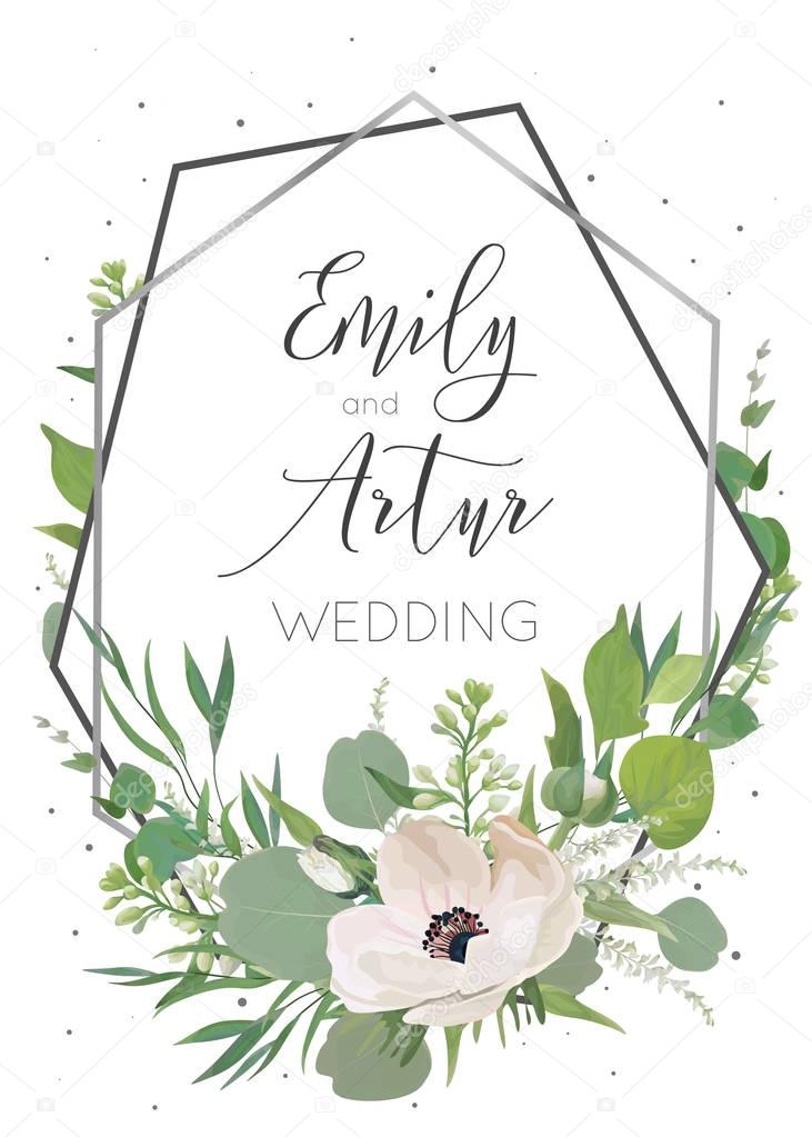 Wedding invitation, invite save the date card design with light pink anemones, eucalyptus leaves, white lilac flowers, greenery herbs decorative wreath & silver grey geometrical frame. Rustic template