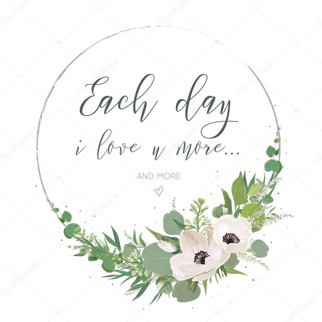 Vector, Floral card design with elegant bouquet wreath with pink anemone flowers, cute white lilac buds, astilbe, forest greenery, delicate herbs, leaves, eucalyptus branches. Wedding invite, greeting