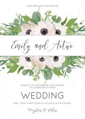 Vector elegant floral wedding invite save the date card design with watercolor style pink anemones, eucalyptus leaves, white lilac flowers, greenery border and tiny gray dots. Cute invitation template clipart