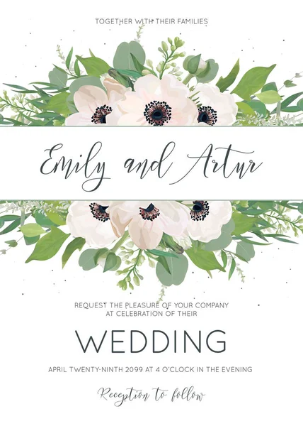 Vector elegant blommig bröllop inbjudan Spara datum kortdesign med akvarell stil rosa anemoner, eucalyptus blad, vit lila blommor, grönska gränsen och små grå prickar. Söta inbjudan mall — Stock vektor