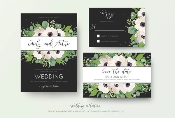 Wedding invite, invitation, save the date, rsvp thank you cards design. Green watercolor style light pink anemone flowers, eucalyptus leaves, white lilac flowers, cute greenery on dark grey backgorund — Stock Vector