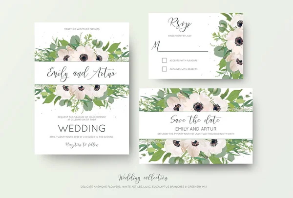 Invitar a la boda, invitación, guardar la fecha, rsvp gracias diseño de la tarjeta. Verde acuarela estilo rosa claro anémona flores, hojas de eucalipto, flores de color lila blanco, decoración verde. Romántico lindo conjunto — Vector de stock