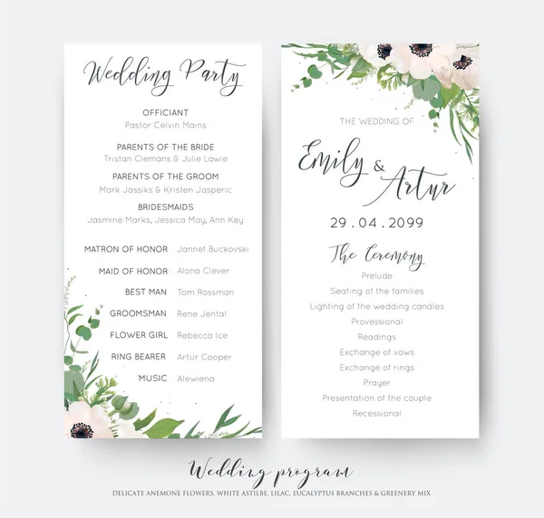 Γαμήλια τελετή και κόμμα πρόγραμμα κάρτας κομψό σχεδιασμό με στυλ υδροχρώματος φως ροζ μωβ Ανεμώνη λουλούδια, φύλλα ευκαλύπτου πράσινο, Λευκό λιλά λουλούδια, πράσινο διακόσμηση. Σετ ρομαντικά πρότυπα — Διανυσματικό Αρχείο