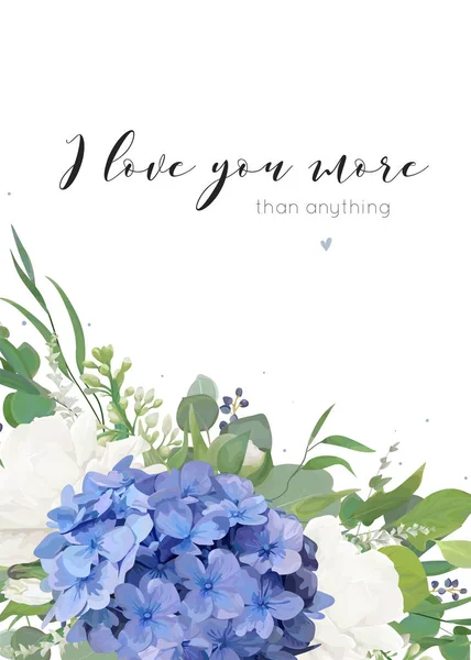 Diseño de tarjeta de felicitación floral vectorial con elegante ramo de flores de hortensias azules rosas de jardín blancas, ramas verdes de eucalipto, flores lila hierbas verdes, hojas y bayas. Diseño delicado moderno — Vector de stock