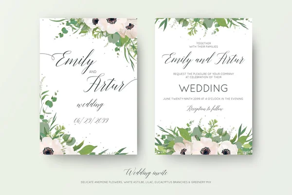 Mariage floral vectoriel double invitation, invitation, enregistrer la conception de la carte de date avec anémones rose mauve, branches d'eucalyptus, fleurs lilas blanc mignon, plantes vertes & feuilles. Modèle élégant et délicat — Image vectorielle