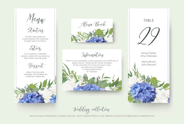 Casamento floral menu pessoal, lugar, informações, tabela de design de cartão de número definido com flores elegantes de hortênsia azul, rosas brancas jardim, eucalipto verde, ramos lilás, folhas de vegetação e bagas bonitos —  Vetores de Stock