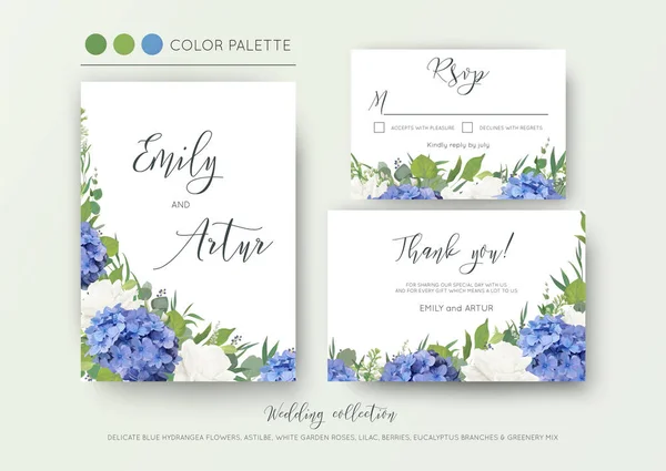 Boda floral invitación, invitación, guardar la fecha, gracias, rsvp, diseño de la tarjeta con elegante, flores de hortensias azules, rosas de jardín blanco, eucalipto verde, lila, hojas verdes y beries. Delicado conjunto — Archivo Imágenes Vectoriales