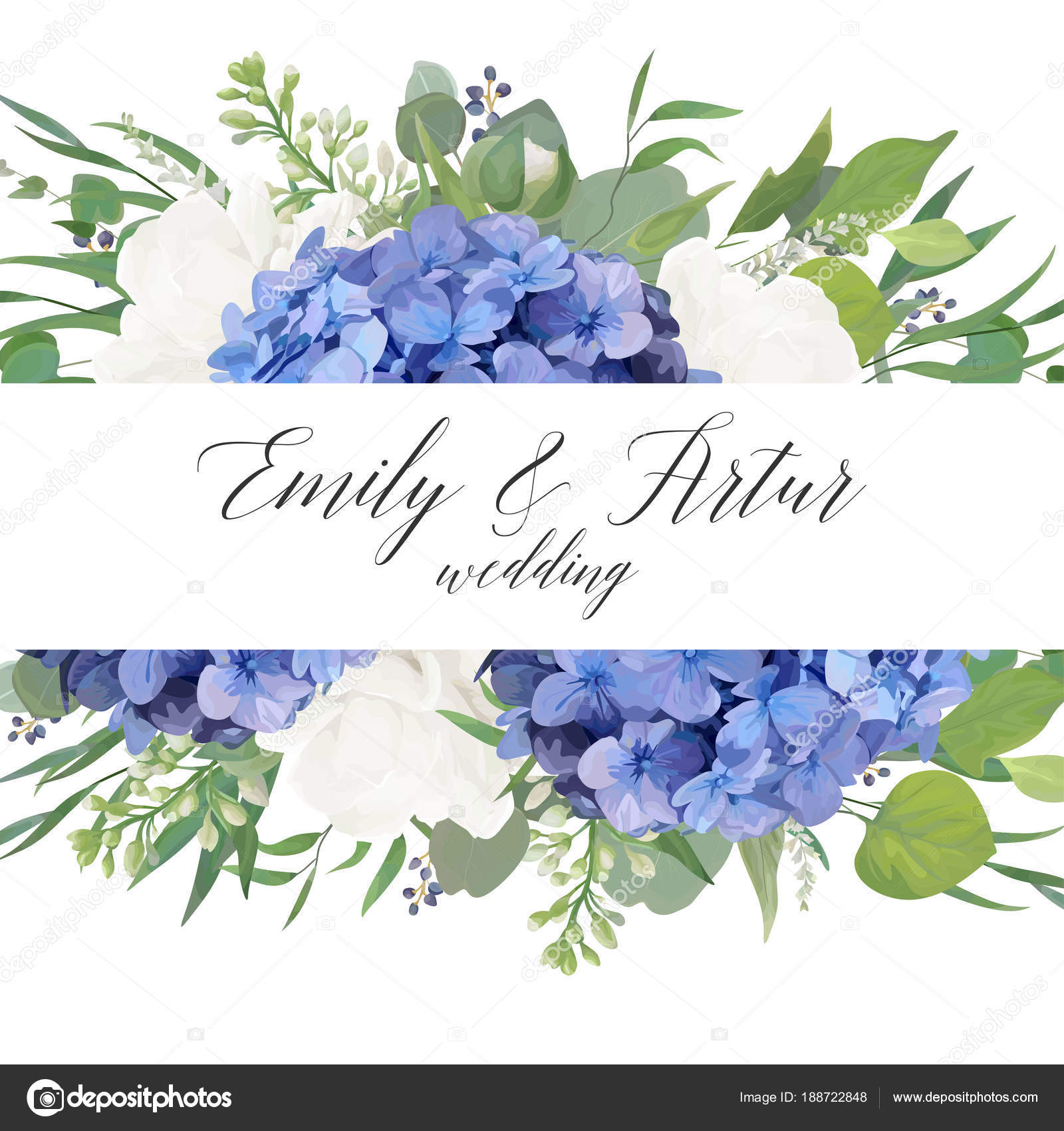Casamento floral convidar, salve o design do cartão de data com flores  elegantes azul violeta hortênsia, rosas brancas jardim, ramos verdes de  eucalipto, folhas verdes e bagas fronteira decorativa. Modelo de luxo, image size:1600x1700