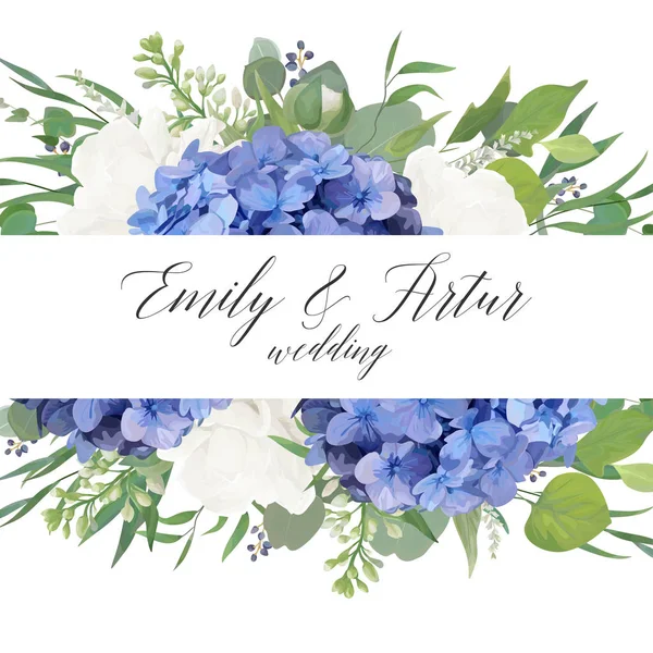 Invitación floral de la boda, guarde el diseño de la tarjeta de fecha con elegantes flores de hortensias violetas azules, rosas blancas del jardín, ramas verdes de eucalipto, hojas verdes y bordes decorativos de bayas. Plantilla lujo — Vector de stock