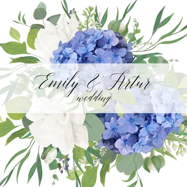 Γαμήλια floral καλέσει, αποθηκεύσετε την ημερομηνία κάρτα σχεδίαση με κομψό μπλε hydrangea βιολετί άνθη λευκά τριαντάφυλλα στον κήπο, ευκάλυπτος πράσινα κλαδιά, βλάστηση αφήνει & μούρα διακοσμητικά σύνορα. Μοντέρνα πρότυπο — Διανυσματικό Αρχείο