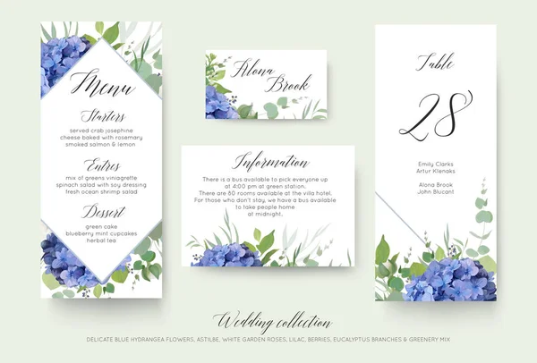 Wewedding virágos személyes menü, hely, információs tábla szám kártya design készlet, elegáns kék Hortenzia virágok, fehér kerti Rózsa, eukaliptusz zöld, lila ágak, levelek zöld & aranyos bogyók — Stock Vector