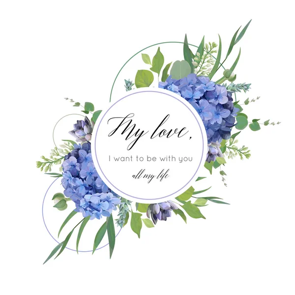 Vector blommig kortdesign med elegant bukett av vita trädgård rosor, grön eucalyptus, blå hortensia blommor, lila grenar, grönska blad, bär & geometriska dekor. Bröllop inbjudan, gratulationskort — Stock vektor