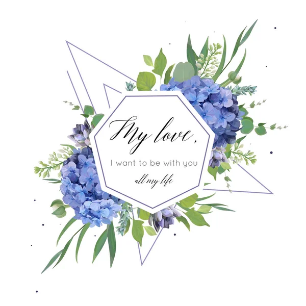 Design de cartão floral vetorial com elegante buquê de flores de hortênsia azul, suculentas violetas, eucalipto verde, lilás, folhas verdes bagas, decoração geométrica. convite de casamento, salve o modelo de cartão de data — Vetor de Stock