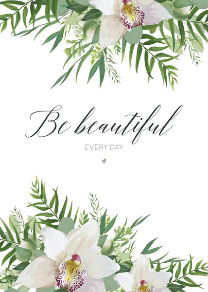 Carte de vœux vectorielle, dessin de bannière d'affiche de carte postale avec des fleurs blanches d'orchidée, branches verdoyantes d'eucalyptus, cadre vert de feuilles de palmier de forêt tropicale. Modèle élégant de style aquarelle avec espace de copie — Image vectorielle
