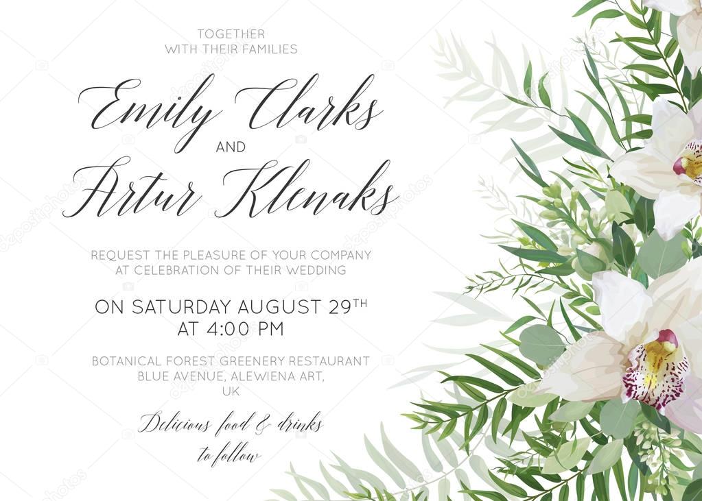 Wedding invite save the date card delicate design with white orchid flowers, greenery eucalyptus branches, tropical forest palm green leaves decoration. Delicate vector art greeting, postcard template