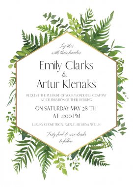 Çiçek davet düğün, kart davet ediyoruz. Vektör modern şık tasarımıyla doğal botanik yeşil orman eğreltiotu yaprakları, okaliptüs, palmiye yaprakları ve yeşil otlar ile geometrik altın çerçeve dekorasyon