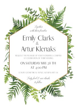 Wedding floral invitation, invite card. Vector modern elegant design with natural botanical green forest fern fronds, eucalyptus, palm leaves & greenery herbs with geometrical golden frame decoration clipart