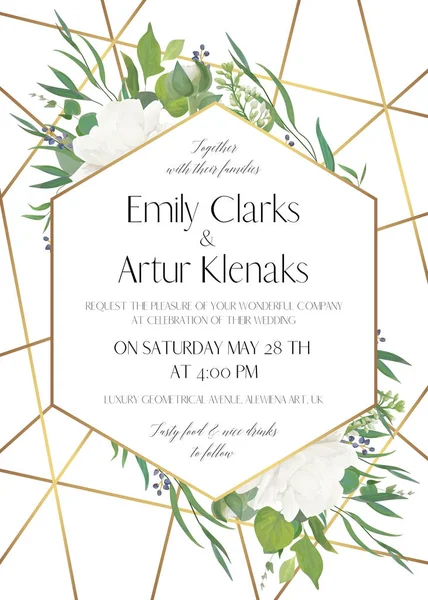 Invitar a la boda, guardar la tarjeta de fecha delicado diseño con vegetación natural hojas de eucalipto, rosas blancas, bayas y rayas de lámina de oro, decoración geométrica. Plantilla vectorial elegante, encantadora y de lujo — Vector de stock