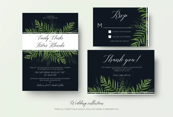 Свадебное приглашение, rsvp, спасибо карты цветочный дизайн с зелеными тропическими листьями пальмы леса, эвкалиптовые ветви и милые зеленые травяные смеси украшения на темно-синий. Красивый ботанический набор шаблонов — стоковый вектор