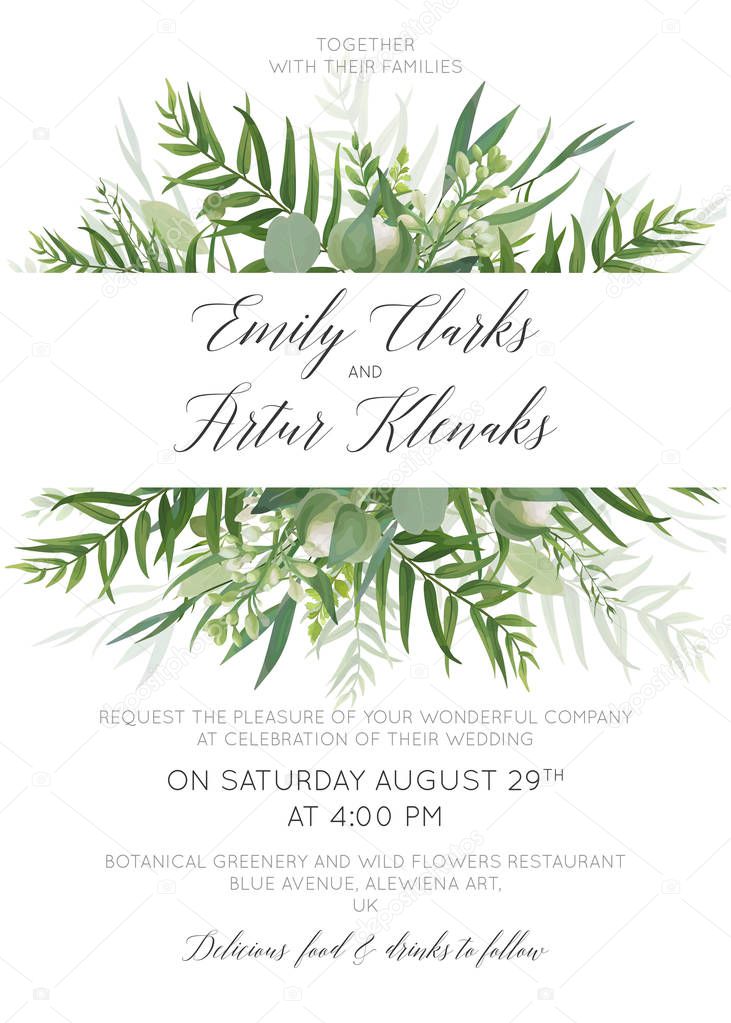 Wedding invitation, invite, save the date card floral design with green tropical forest palm leaves, eucalyptus branches & cute greenery herbal mix border. Beautiful, botanical, woodsy trendy template