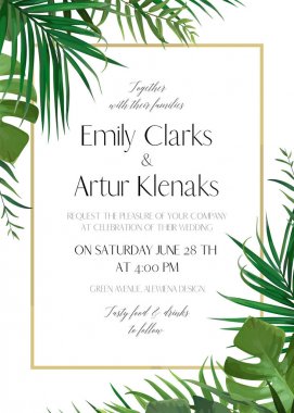 Wedding floral invitation, invite card with vector watercolor style tropical fan palm tree green leaves, exotic forest greenery herbs & elegant golden frame. Luxury ,botanical, woodsy template design clipart
