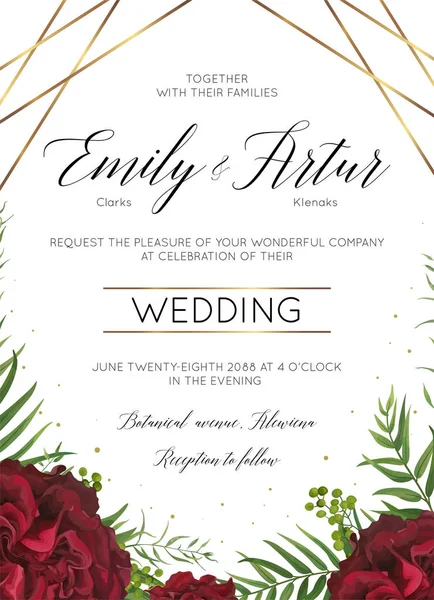 結婚式の花の招待 招待状を付けてブルゴーニュ赤花バラ日付カード デザイン 熱帯のヤシの葉 エレガントな黄金の幾何学的な装飾 モダンなテンプレート ベクトル — ストックベクタ