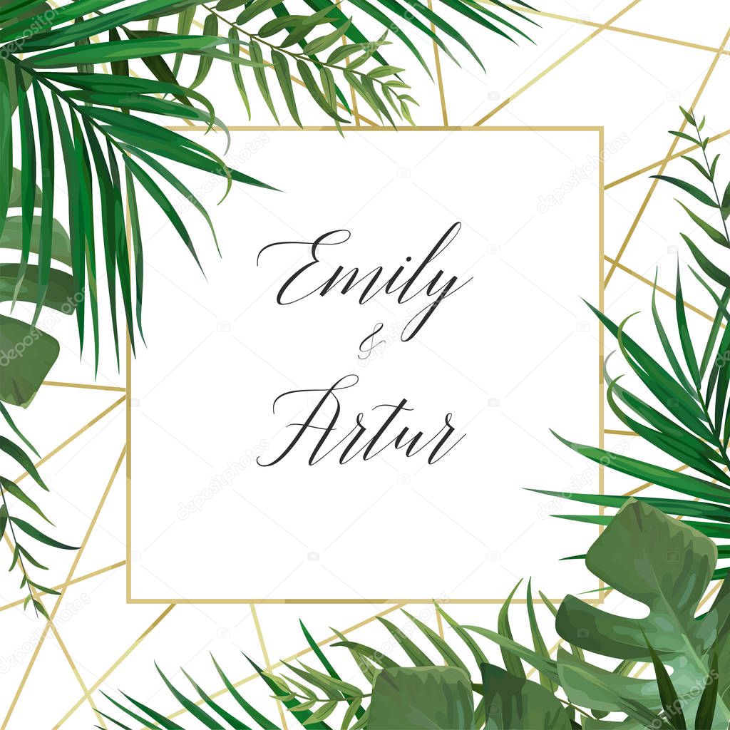 Wedding vector art floral invite invitation card design with watercolor style tropical forest palm tree green leaves, exotic greenery herbs & elegant golden frame decoration. Luxury botanical template