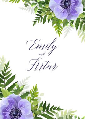 Çiçek davet düğün, davet, tarihi bildirimi kartı kaydetmek vektör tasarımı zarif suluboya ultra violet anemon çiçekleri, orman yeşil eğrelti otları, bitkiler, yeşil yaprakları çerçeve ile. Romantik yıldönümü düzeni