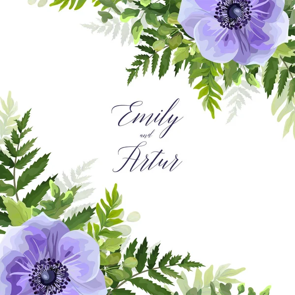 Hochzeitsflorale Einladung, Einladung, speichern Sie das Datumskartenvektordesign mit eleganten ultravioletten, blauen Gartenanemonenblüten, grünen Waldfarnen, grünen Blättern rahmen die Dekoration ein. Schöne Kunstvorlage — Stockvektor