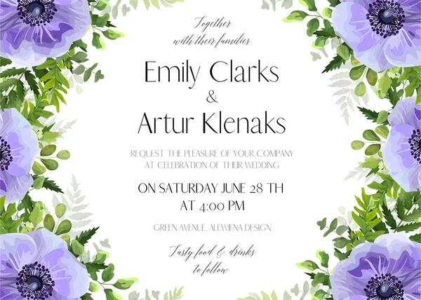 Wedding floral invite, invitation save the date card design with light violet watercolor anemone flowers, forest greenery ferns, plants, green leaves &  herbs decoration. Elegant, cute vector template — Stock Vector