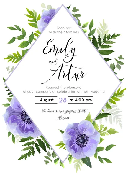 Convite de casamento, convite, salve o design do cartão de data: lavanda violeta Flor de papoula anêmona, folhas verdes, folhagem de vegetação da floresta, buquê de ervas e quadro phombus geométrico. Layout de cartão postal rústico vetorial —  Vetores de Stock