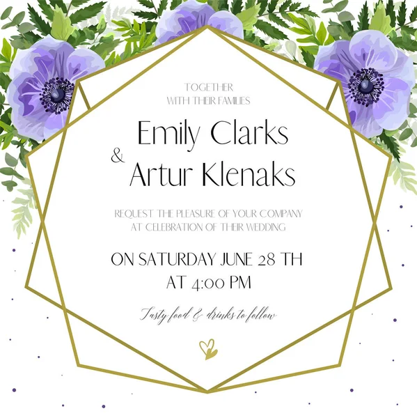 Wedding Invitation, floral invite card Design: ultra violet lavender blue garden anemone flowers, green forest fern leaves, greenery herbs, geometric golden frame print. Vector cute, trendy copy space — Stock Vector