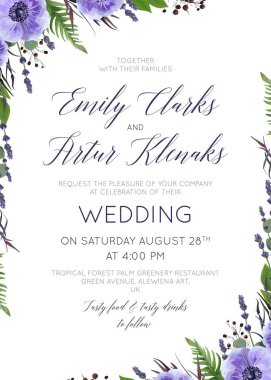 Düğün Çiçek davet, davet, suluboya lavanta çiçeği, Menekşe anemone çiçekler, orman yeşil fern, tarihi kartı tasarımıyla Kaydet agonis yaprakları ve meyveleri mor. Rustik, vektör, şablon