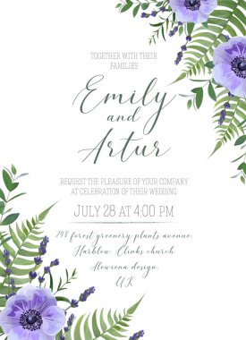 Düğün Çiçek davet, davet, tarihi kart tasarımı kaydedin. Menekşe anemon çiçekleri, lavanta çiçeği, orman yeşil, eğreltiotu yaprakları, okaliptüs dalları buket çerçeve. Zarif, güzel vektör şablonu