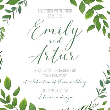 Tarihi kartı vektör sanat şablon tasarımı çiçek yeşil davetiye düğün, davet. Rustik, doğal tarzı el çekilmiş suluboya botanik yeşil yaprakları, orman ağaç dalları, otlar zarif çerçeve