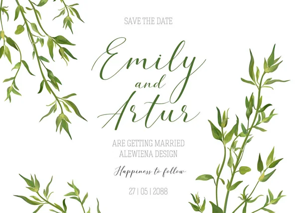 Wedding floral invitation, invite, save the date template. Vector modern elegant card design with natural, watercolor botanical green thyme greenery herbs minimalistic border, frame. Eco, rustic style — Stock Vector