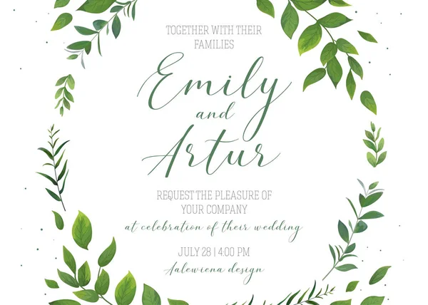 Çiçek davet düğün, davet, tarihi kartı vektör şablonu. Modern rustik, eko stil tasarım suluboya botanik yeşil yaprakları ile orman ağaç dalları, yeşil otlar zarif çerçeve çelenk — Stok Vektör