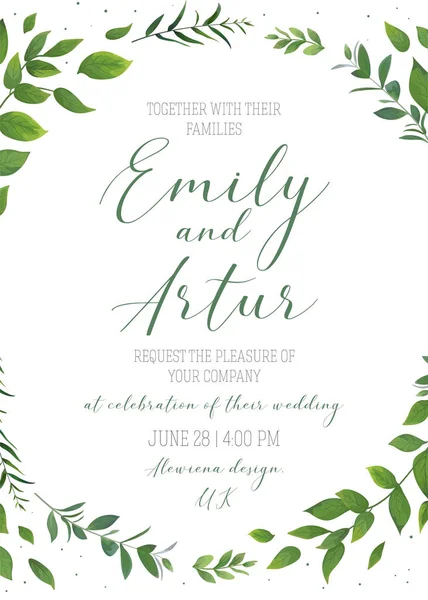 結婚式の花の招待、招待、日付カード ベクトル テンプレートを保存。モダンな素朴な自然なデザイン。水彩画植物緑葉、森林の木の枝、緑ハーブのエレガントな装飾的な花輪 — ストックベクタ