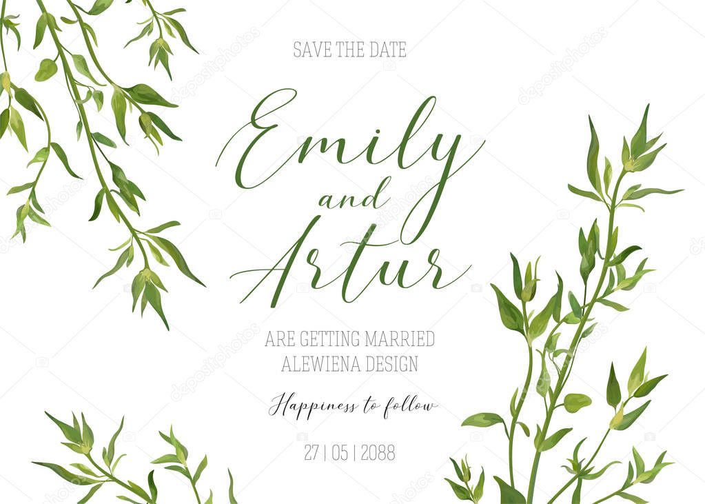 Wedding floral invitation, invite, save the date template. Vector modern elegant card design with natural, watercolor botanical green thyme greenery herbs minimalistic border, frame. Eco, rustic style
