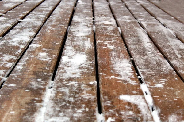 Hintergrund Holzoberfläche Mit Schnee Und Eis Bedeckt — Stockfoto