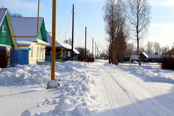 Strada Del Villaggio Inverno Una Gelida Giornata Sole Russia — Foto Stock