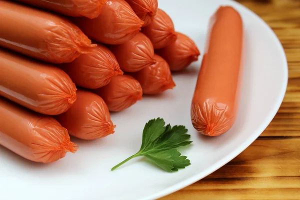 Sausages White Plate Stacked Form Tower — Stock Photo, Image