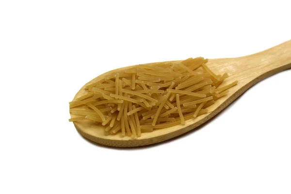 Vermicelli Cucchiaio Legno Fondo Bianco — Foto Stock