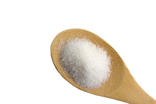 Colher Madeira Com Açúcar Crumbly Fundo Branco — Fotografia de Stock
