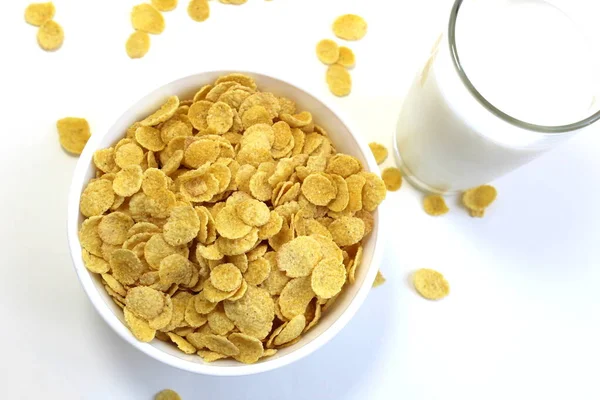Trockenes Frühstück Mit Cornflakes Einem Teller Mit Milch Einer Dose — Stockfoto