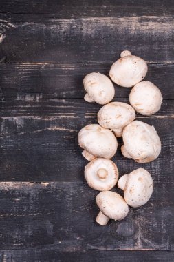  Koyu ahşap arka planda bir sürü mantar.