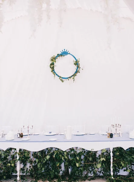 Instelling Van Tabel Van Mooie Bruiloft Huwelijk Decor Met Bestek — Stockfoto